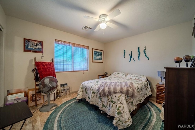 bedroom with ceiling fan and visible vents