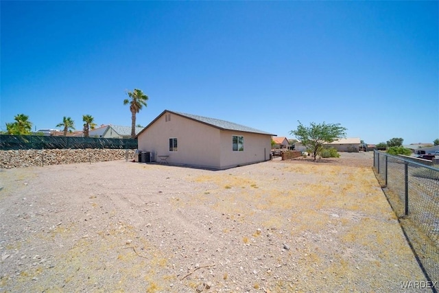 view of property exterior featuring central air condition unit, a fenced backyard, and stucco siding