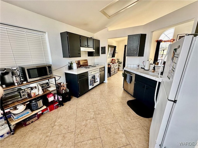 kitchen featuring light tile patterned flooring, under cabinet range hood, dark cabinets, stainless steel appliances, and light countertops