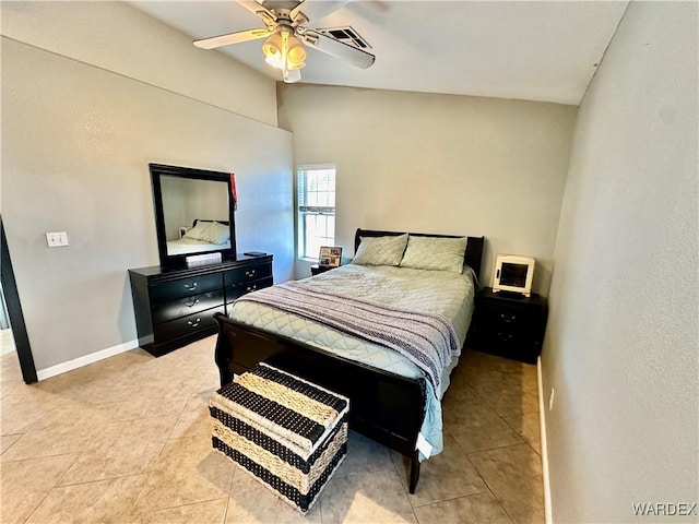 tiled bedroom with ceiling fan, visible vents, and baseboards