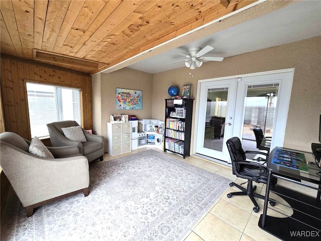 home office featuring tile patterned flooring, wood ceiling, french doors, and ceiling fan