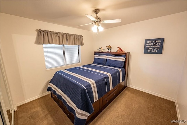 bedroom with baseboards, a ceiling fan, and carpet floors
