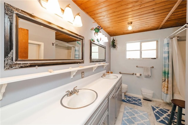 bathroom with wooden ceiling, toilet, a shower with shower curtain, double vanity, and baseboards