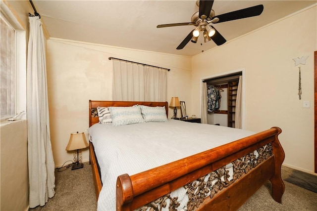 bedroom with carpet, ceiling fan, and baseboards
