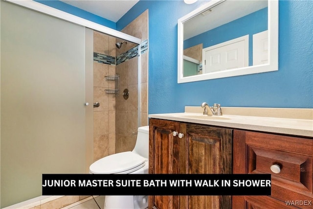 bathroom featuring toilet, a shower stall, and vanity