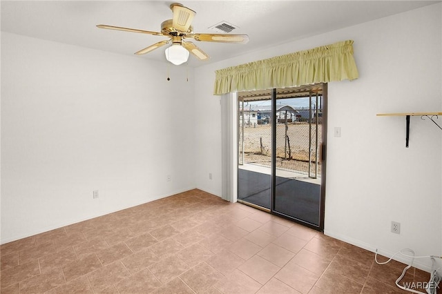 unfurnished room with visible vents and a ceiling fan