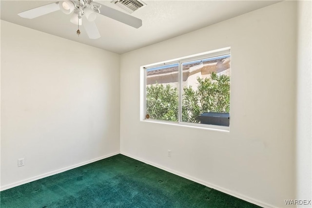 2190 Hijolly Dr, Bullhead City, AZ 86442 - unfurnished room with visible vents, baseboards, a ceiling fan, and dark colored carpet