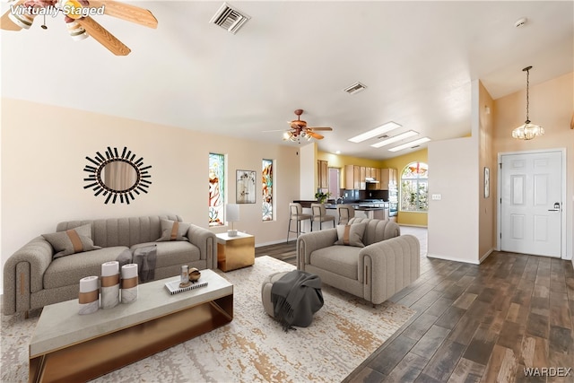 2190 Hijolly Dr, Bullhead City, AZ 86442 - living area featuring visible vents, a ceiling fan, and dark wood finished floors