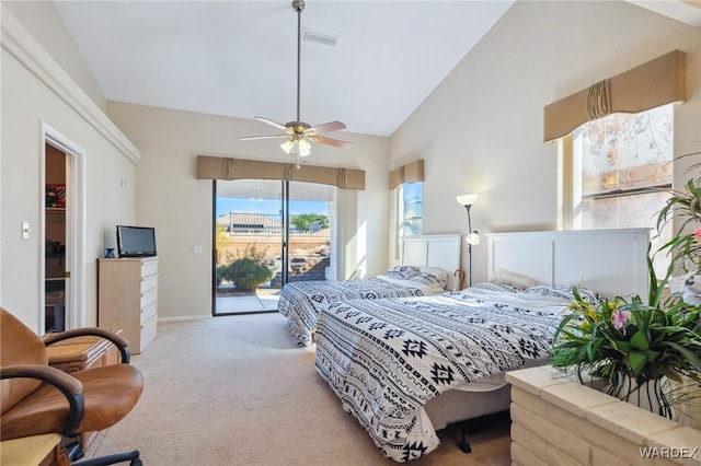 bedroom featuring visible vents, light carpet, ceiling fan, high vaulted ceiling, and access to outside