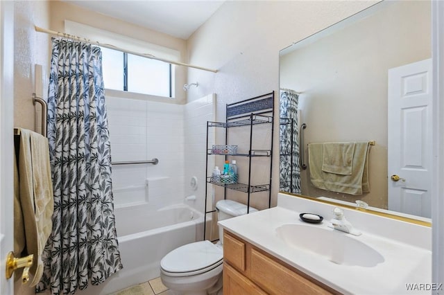 full bath with toilet, tile patterned flooring, vanity, and shower / tub combo with curtain