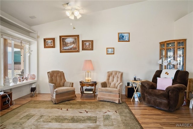 5790 S Gazelle Dr, Fort Mohave, AZ 86426 - living area featuring ceiling fan, wood finished floors, and lofted ceiling