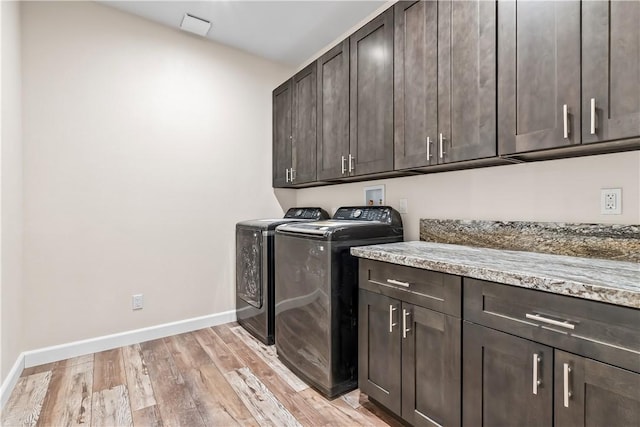 6183 S Lago Grande Dr, Fort Mohave, AZ 86426 - laundry room featuring cabinet space, baseboards, washer and dryer, and light wood-style flooring
