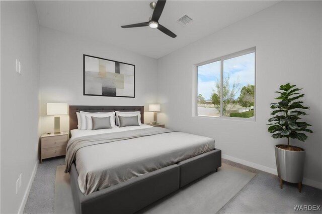 bedroom featuring light carpet, ceiling fan, visible vents, and baseboards