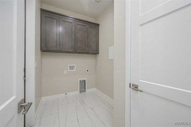 laundry room with washer hookup, marble finish floor, cabinet space, hookup for an electric dryer, and baseboards