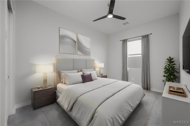 carpeted bedroom featuring baseboards, visible vents, and ceiling fan