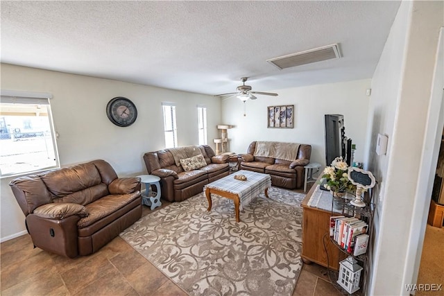 living area with a ceiling fan, visible vents, and a textured ceiling