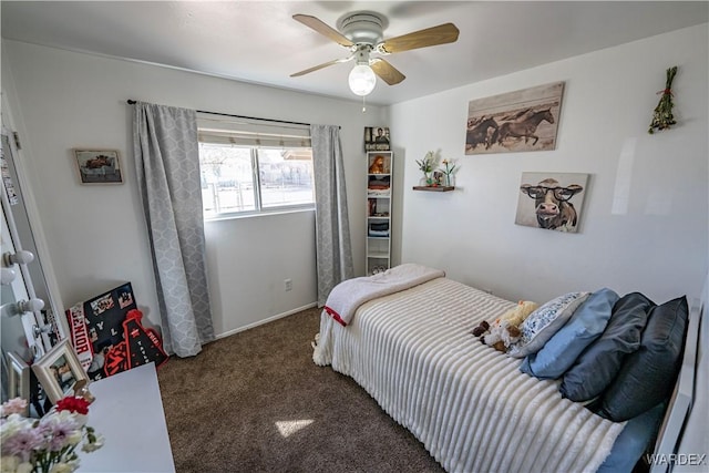 bedroom featuring carpet floors, baseboards, and a ceiling fan