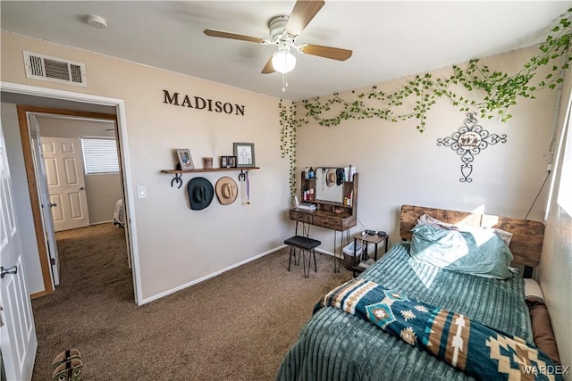 bedroom with a ceiling fan, carpet, visible vents, and baseboards