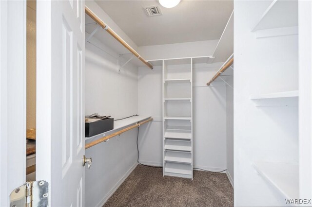 spacious closet featuring dark carpet and visible vents