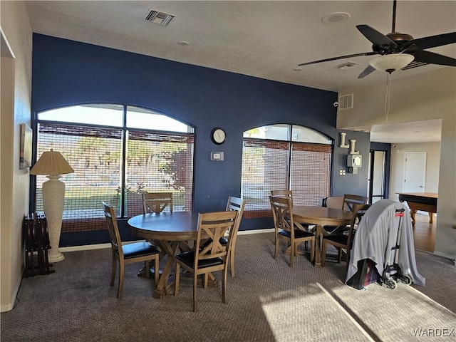 6246 S Vista Laguna Dr, Fort Mohave, AZ 86426 - dining space featuring carpet, visible vents, and a ceiling fan
