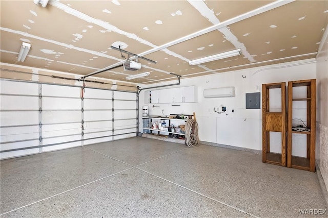 garage with an AC wall unit, electric panel, and a garage door opener