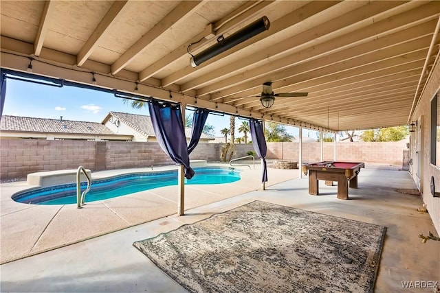 view of pool featuring ceiling fan, a patio, a fenced backyard, and a fenced in pool