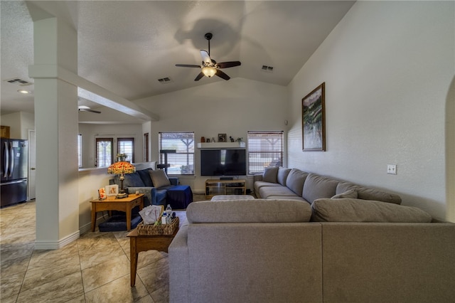 2041 E Sundance Dr, Fort Mohave, AZ 86426 - living room featuring a ceiling fan, vaulted ceiling, and light tile patterned flooring