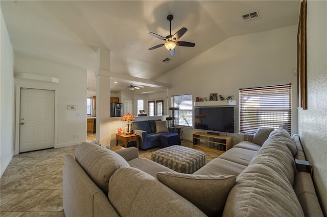 2041 E Sundance Dr, Fort Mohave, AZ 86426 - living area featuring ceiling fan, lofted ceiling, and plenty of natural light