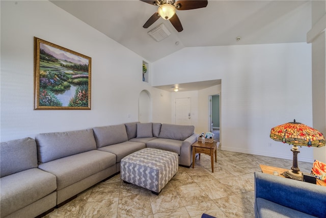2041 E Sundance Dr, Fort Mohave, AZ 86426 - living room with a ceiling fan, arched walkways, and high vaulted ceiling
