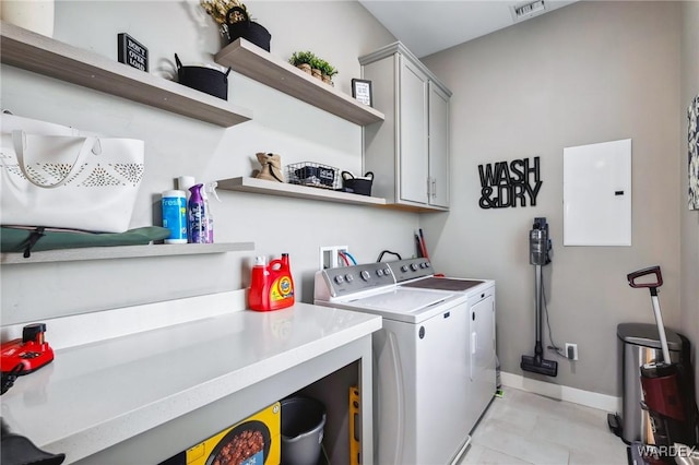 clothes washing area featuring cabinet space, visible vents, washer and dryer, electric panel, and baseboards