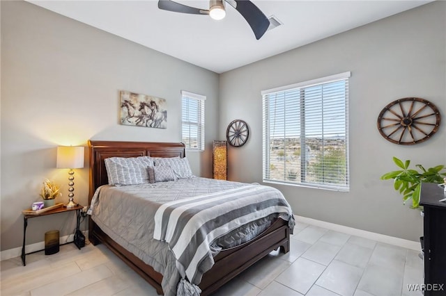 bedroom featuring a ceiling fan, visible vents, and baseboards