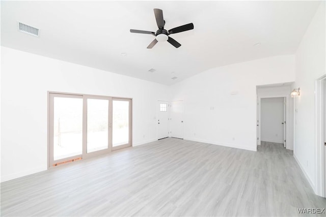 unfurnished room featuring vaulted ceiling, a ceiling fan, light wood-type flooring, baseboards, and visible vents