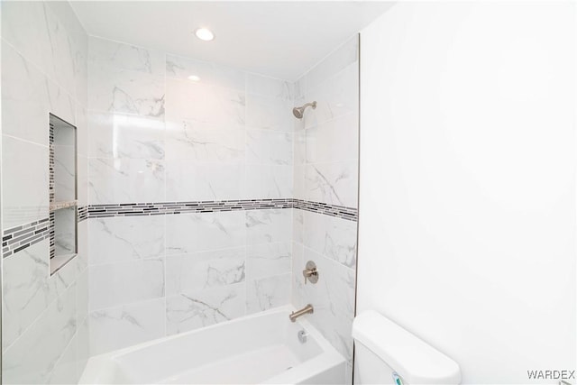 full bath with toilet, shower / tub combination, and recessed lighting