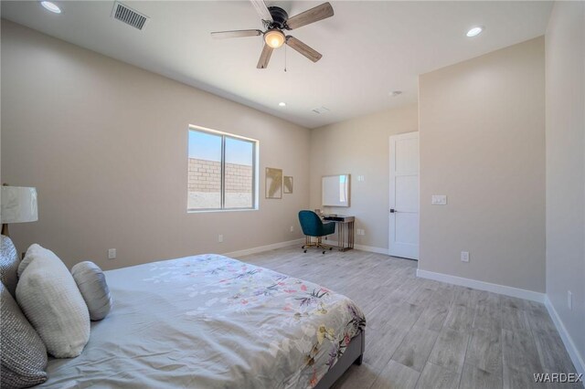 bedroom with baseboards, visible vents, a ceiling fan, light wood-type flooring, and recessed lighting