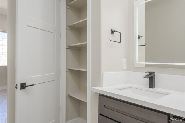 bathroom featuring a spacious closet, vanity, and wood finished floors