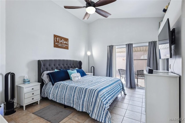 bedroom with light tile patterned floors, access to outside, vaulted ceiling, and a ceiling fan