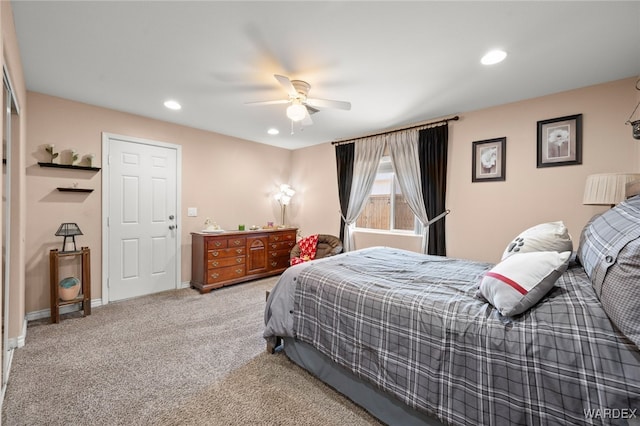 bedroom with ceiling fan, baseboards, carpet flooring, and recessed lighting