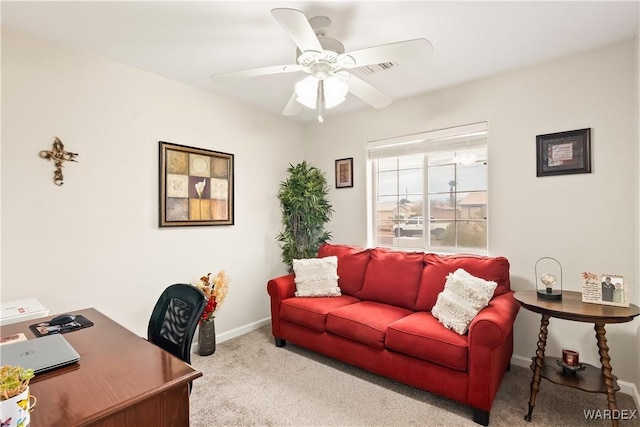 office with baseboards, carpet floors, and ceiling fan