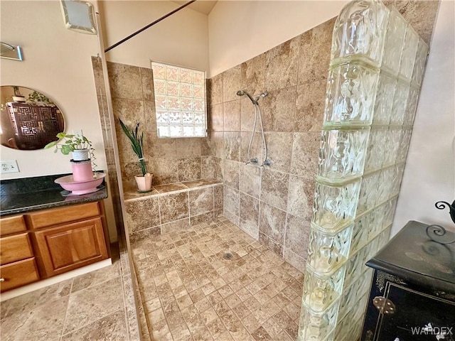 full bathroom with vanity and a walk in shower