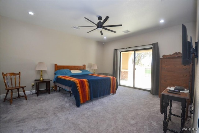 carpeted bedroom with access to outside, visible vents, a ceiling fan, and recessed lighting