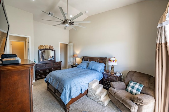 carpeted bedroom with lofted ceiling, ceiling fan, and recessed lighting