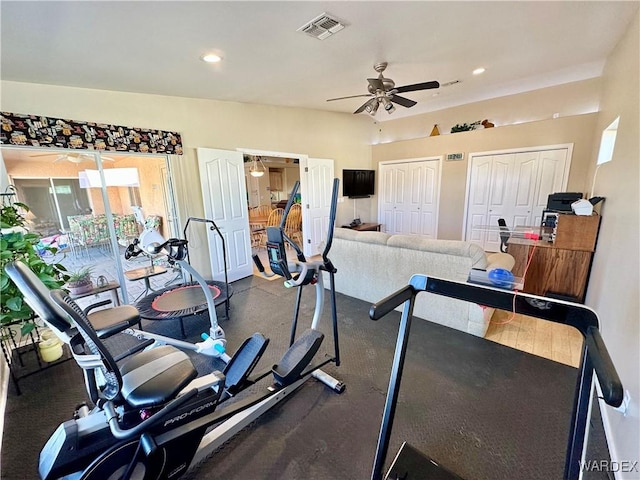 workout room with ceiling fan, visible vents, and recessed lighting