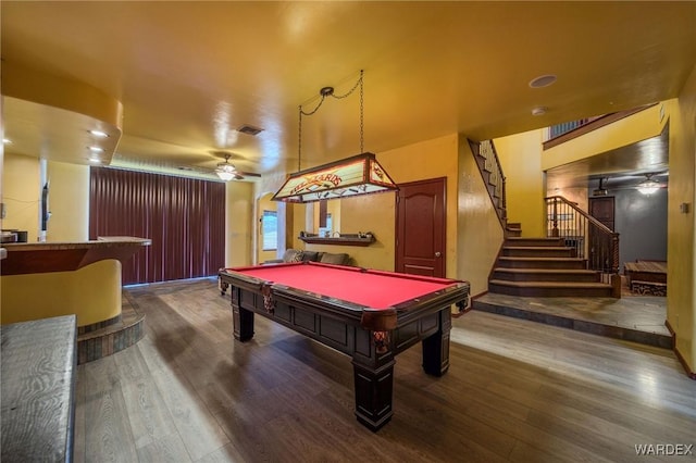 rec room featuring a bar, billiards, visible vents, and dark wood-type flooring