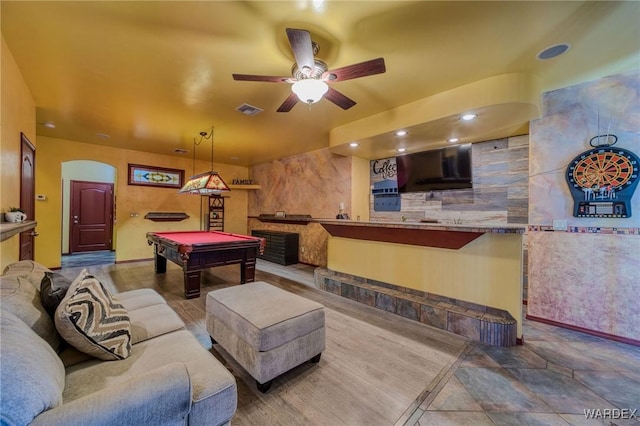 game room with visible vents, a ceiling fan, and pool table