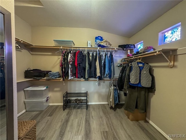 spacious closet with lofted ceiling and wood finished floors