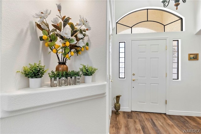 foyer entrance featuring baseboards and wood finished floors