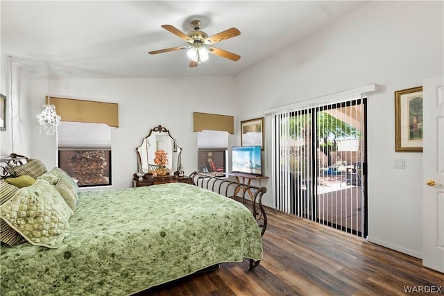 bedroom featuring access to exterior, vaulted ceiling, ceiling fan, wood finished floors, and baseboards