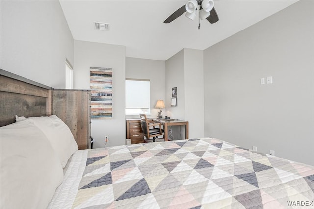 bedroom with ceiling fan and visible vents