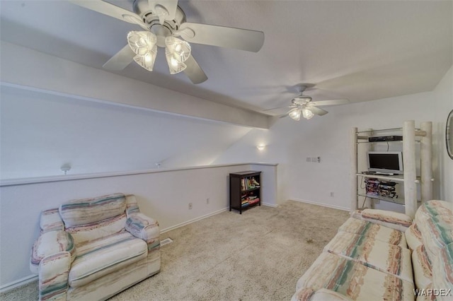 unfurnished living room featuring carpet floors, ceiling fan, baseboards, and vaulted ceiling with beams