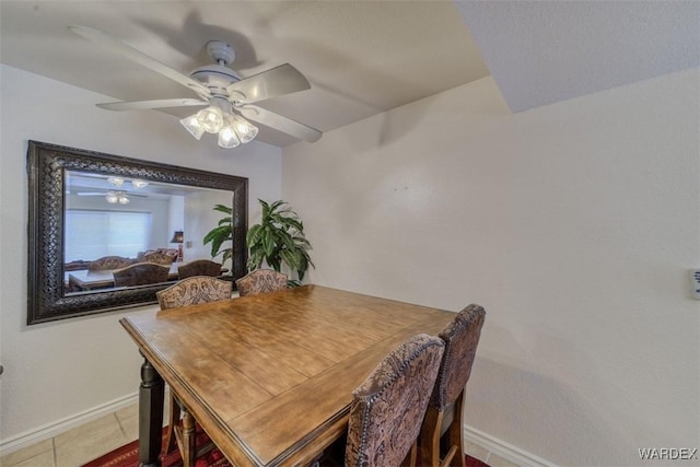 dining area featuring baseboards, tile patterned flooring, and a ceiling fan